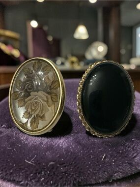 Vintage Two-Piece Gold-Tone Black Onyx and Floral Cameo Brooch Set